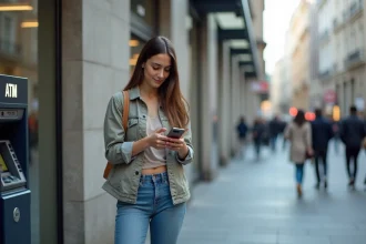 Jeune femme dans la ville regardant son smartphone