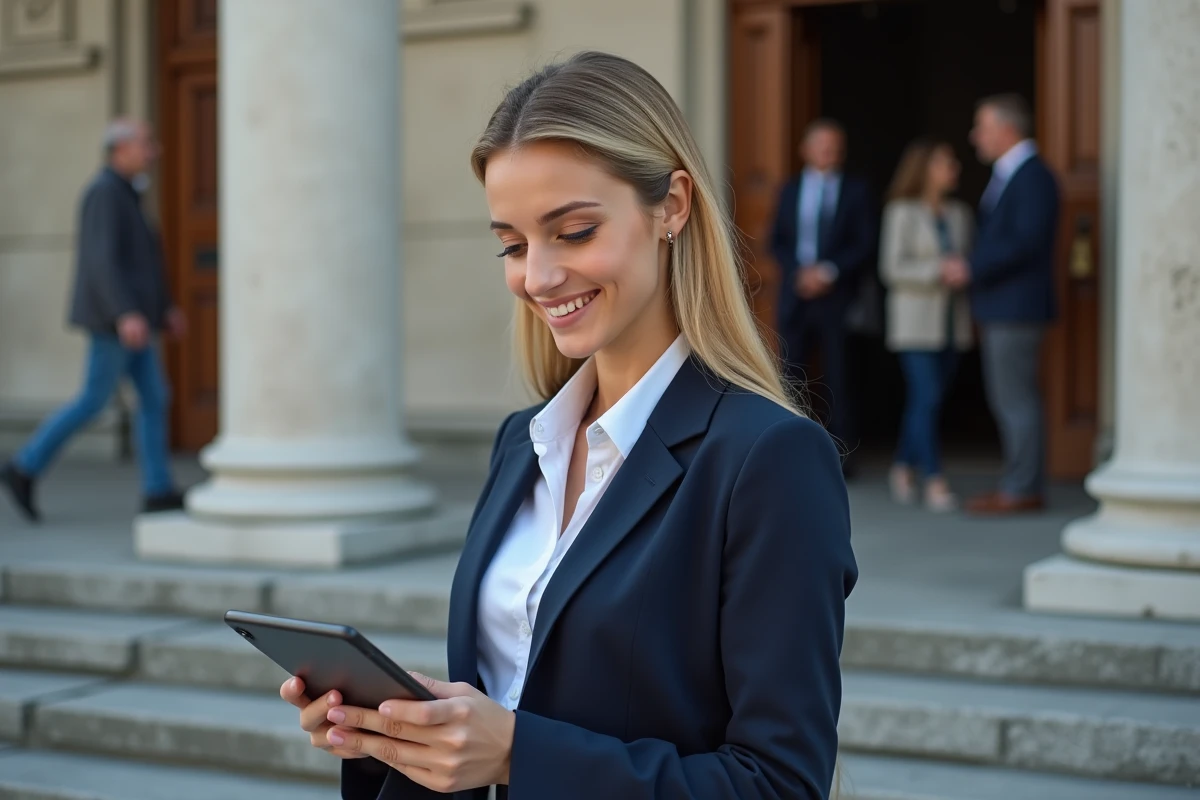 Jeune femme officielle devant un b&acirc;timent public avec tablette