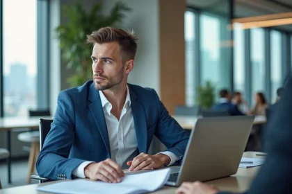 Jeune homme d'affaires en costume dans un bureau moderne