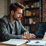 Jeune homme concentré sur un ordinateur avec code blockchain