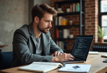 Jeune homme concentré sur un ordinateur avec code blockchain