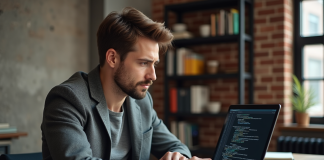 Créateur de l’ETH : histoire et origine de l’Ether Jeune homme concentré sur un ordinateur avec code blockchain