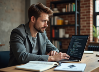 Jeune homme concentré sur un ordinateur avec code blockchain
