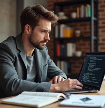 Créateur de l’ETH : histoire et origine de l’Ether Jeune homme concentré sur un ordinateur avec code blockchain