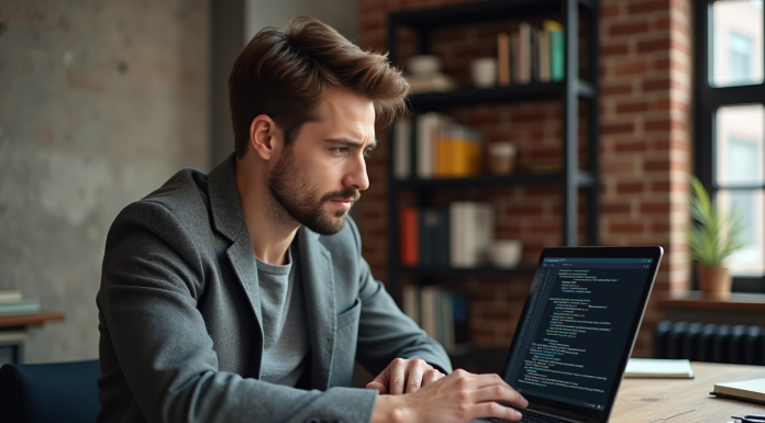 Jeune homme concentré sur un ordinateur avec code blockchain