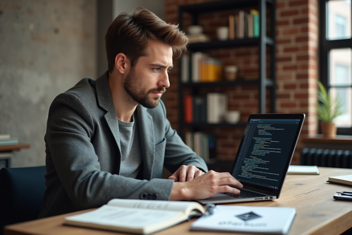 Jeune homme concentré sur un ordinateur avec code blockchain