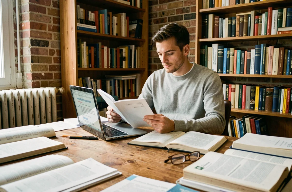 Jeune intellectuel travaillant sur des documents politiques dans un appartement parisien, ambiance studieuse et authentique