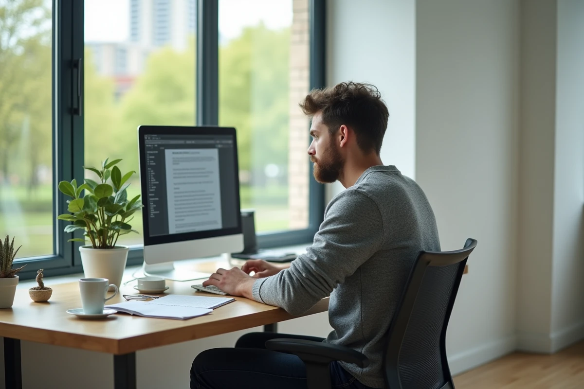 Jeune homme examinant un email suspect sur son ordinateur au bureau
