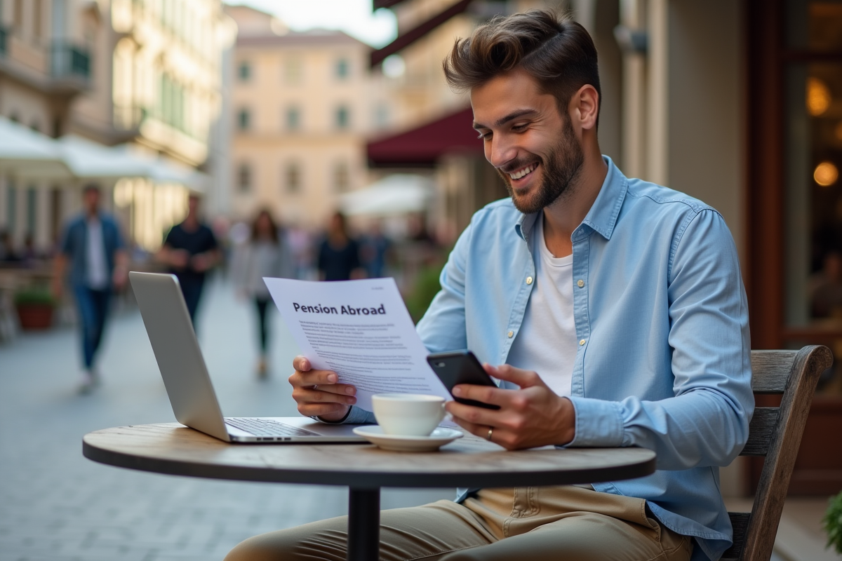 Jeune homme dehors avec ordinateur et café dans une ville européenne