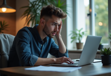 Jeune homme inquiet devant son ordinateur avec erreur Coinbase