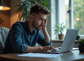 Jeune homme inquiet devant son ordinateur avec erreur Coinbase