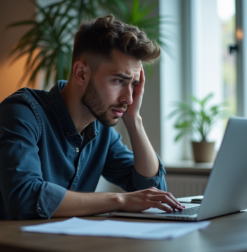 Jeune homme inquiet devant son ordinateur avec erreur Coinbase
