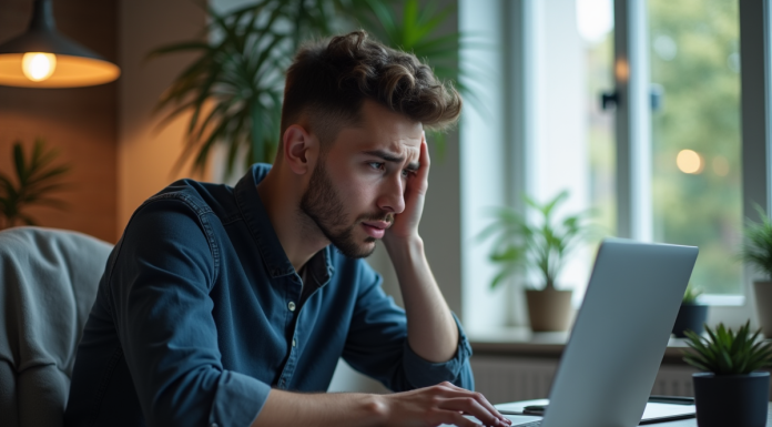 Jeune homme inquiet devant son ordinateur avec erreur Coinbase