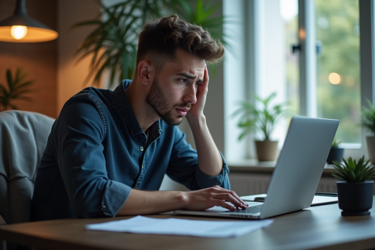 Jeune homme inquiet devant son ordinateur avec erreur Coinbase