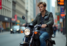 Jeune homme en jeans et veste assis sur une moto en ville