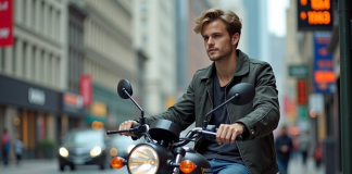 Pourquoi le prix du DAX est-il crucial pour les amateurs de motos 50cc Jeune homme en jeans et veste assis sur une moto en ville