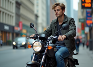 Jeune homme en jeans et veste assis sur une moto en ville