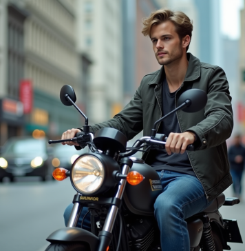 Jeune homme en jeans et veste assis sur une moto en ville