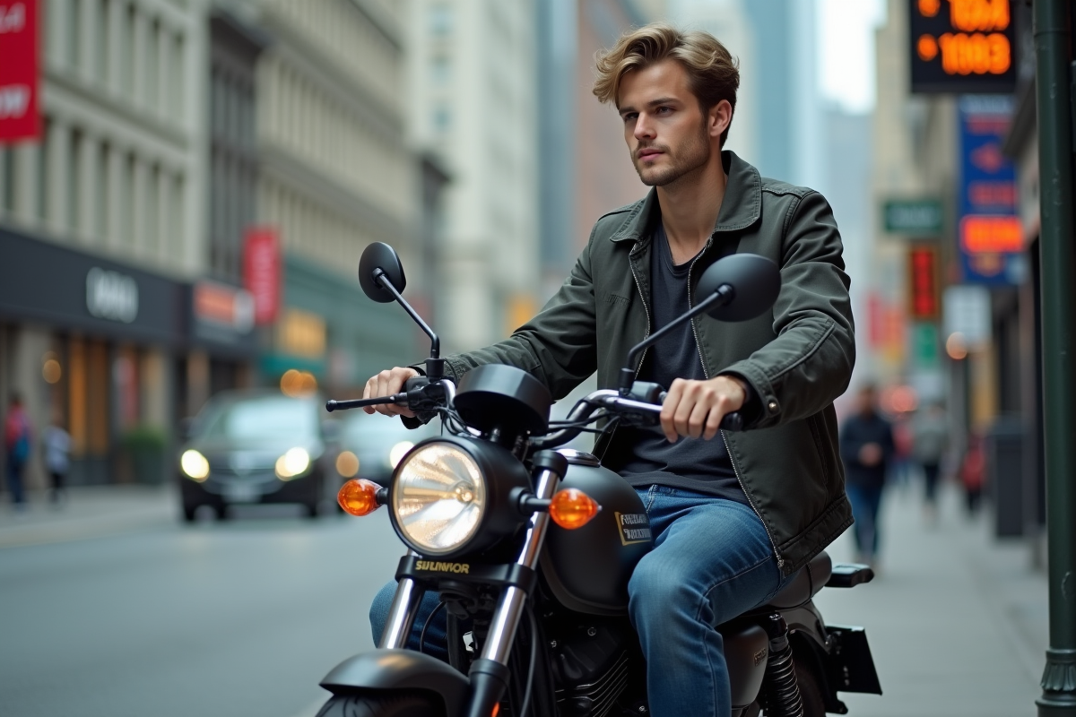 Jeune homme en jeans et veste assis sur une moto en ville