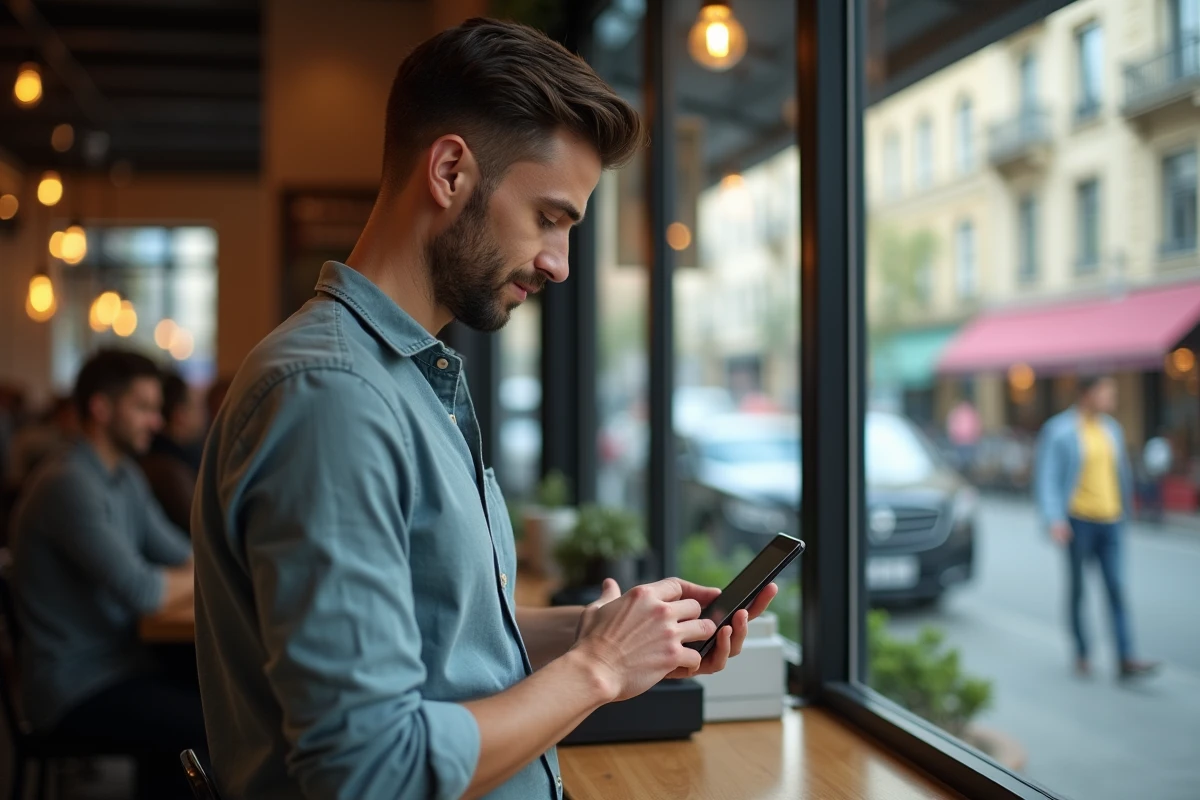 Jeune homme utilisant son smartphone pour une notification bancaire dans un café