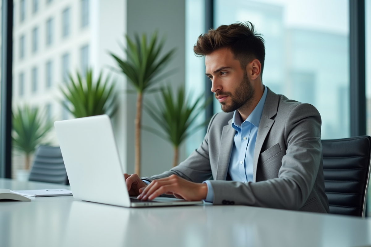 Jeune homme en réunion tapant sur un ordinateur portable