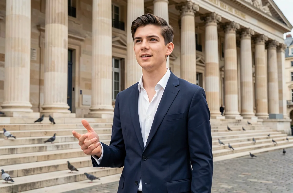 Jeune homme politique français devant l'Assemblée Nationale à Paris, portrait éditorial en costume bleu marine