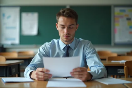Jeune professeur regardant une fiche de paie dans une salle de classe moderne