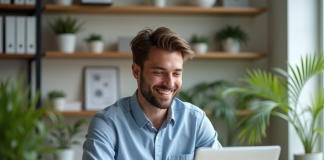 Jeune homme professionnel travaillant sur son ordinateur dans un bureau moderne