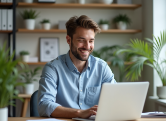 Cadessavoies, présentation d’un service en ligne pensé pour particuliers et entreprises Jeune homme professionnel travaillant sur son ordinateur dans un bureau moderne
