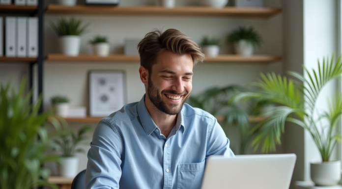Cadessavoies, présentation d’un service en ligne pensé pour particuliers et entreprises Jeune homme professionnel travaillant sur son ordinateur dans un bureau moderne