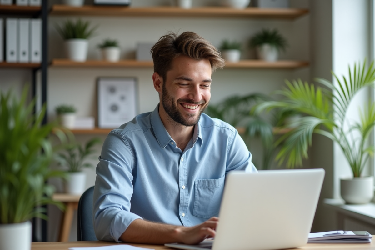 Jeune homme professionnel travaillant sur son ordinateur dans un bureau moderne