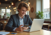 Jeune professionnel utilisant un smartphone pour gérer ses finances au café