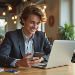 Jeune professionnel utilisant un smartphone pour gérer ses finances au café