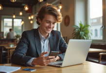 Jeune professionnel utilisant un smartphone pour gérer ses finances au café
