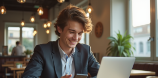 Jeune professionnel utilisant un smartphone pour gérer ses finances au café