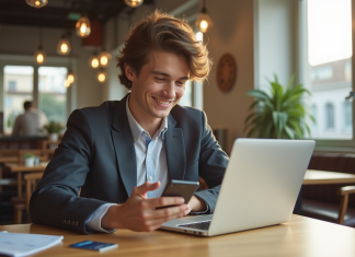 Jeune professionnel utilisant un smartphone pour gérer ses finances au café