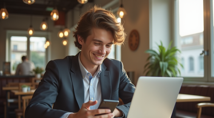 Jeune professionnel utilisant un smartphone pour gérer ses finances au café
