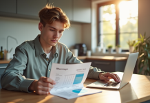Jeune professionnel examinant un bulletin de salaire dans une cuisine lumineuse