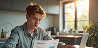 Jeune professionnel examinant un bulletin de salaire dans une cuisine lumineuse