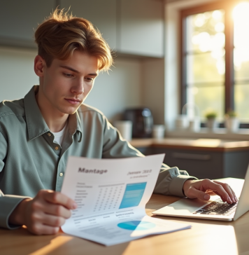 Jeune professionnel examinant un bulletin de salaire dans une cuisine lumineuse