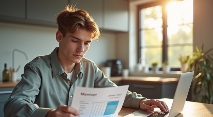 Jeune professionnel examinant un bulletin de salaire dans une cuisine lumineuse
