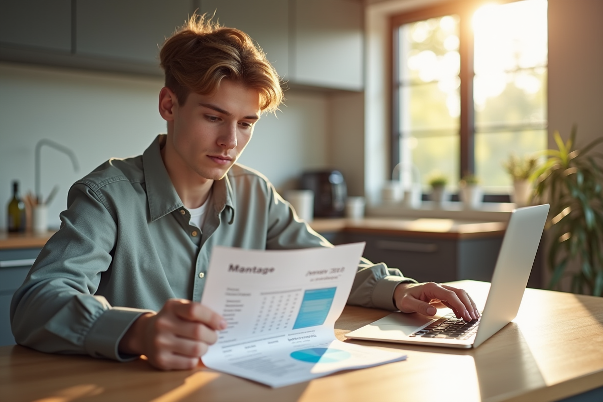 Jeune professionnel examinant un bulletin de salaire dans une cuisine lumineuse