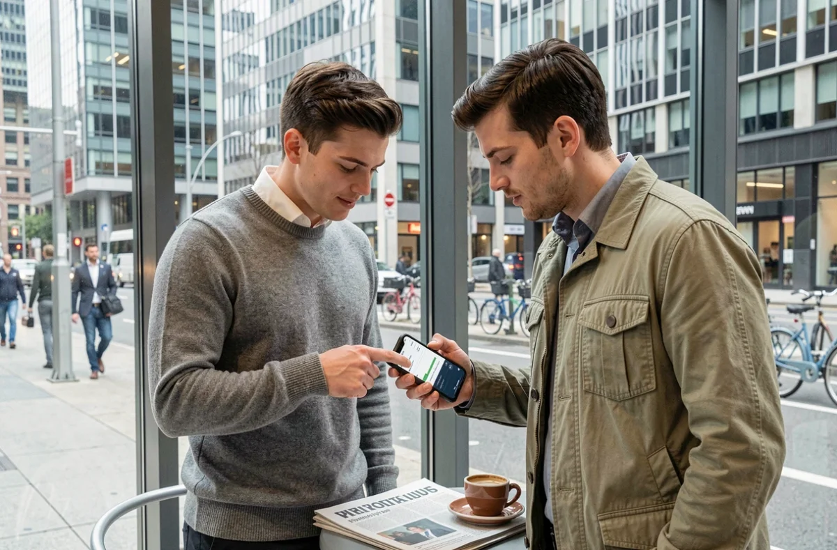 Deux jeunes actifs consultant une application d'investissement alternatif dans un café du quartier des affaires