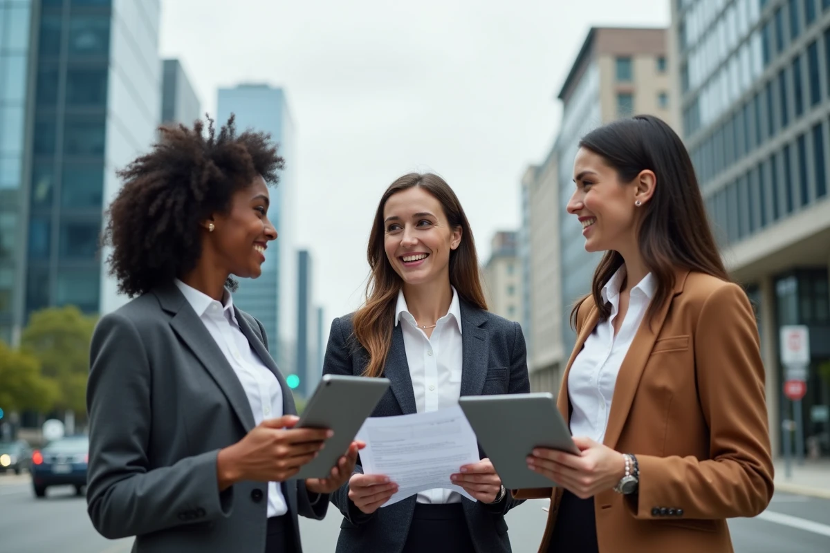 Groupe de jeunes professionnels discutant en ville