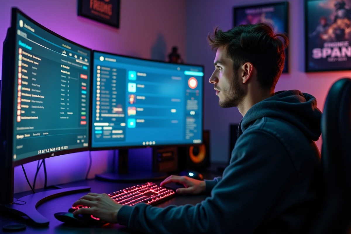 Joueur consultant son historique d'achat Valorant sur un écran de gaming à son bureau à domicile