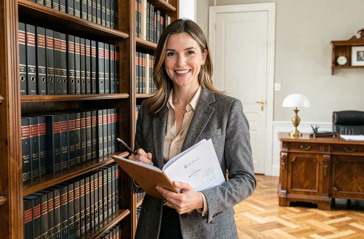 Notaire Julie Dahyot souriante debout devant une bibliothèque juridique dans son cabinet à Tours