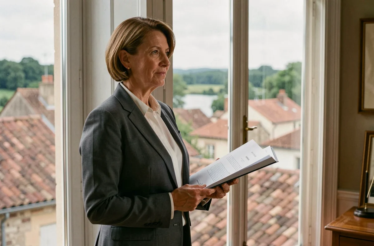 Notaire Laurence Blot en Indre-et-Loire debout près d'une fenêtre avec vue sur les toits tourangeaux tenant un dossier
