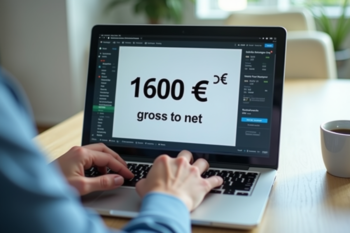 Mains utilisant un ordinateur portable avec calculatrice salaire