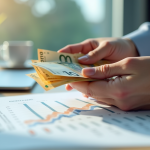 Main tenant des euros sur un bureau moderne avec relevé de compte