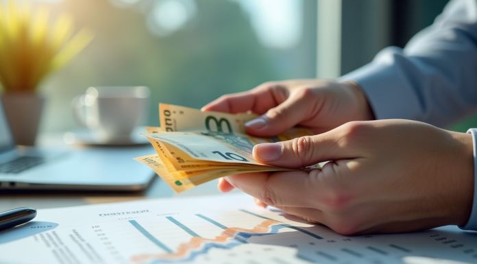 Main tenant des euros sur un bureau moderne avec relevé de compte